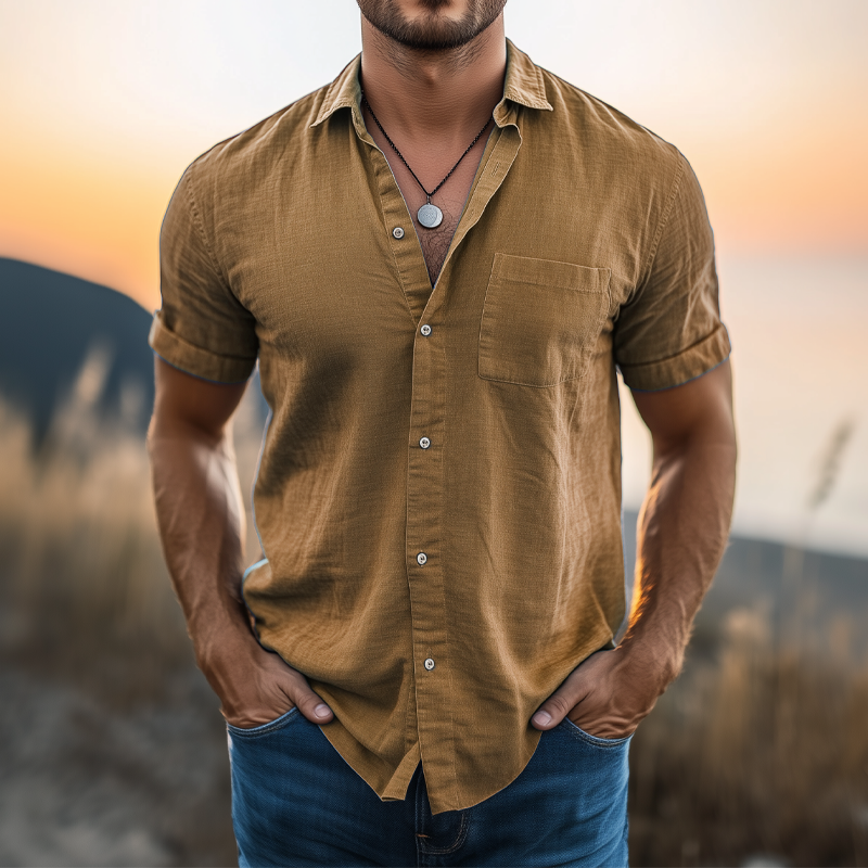 Javier | Men'S Basic Solid Color Cotton And Linen Short Sleeve Shirt