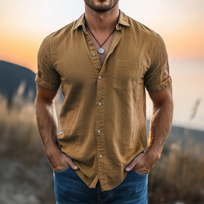 Javier | Men'S Basic Solid Color Cotton And Linen Short Sleeve Shirt