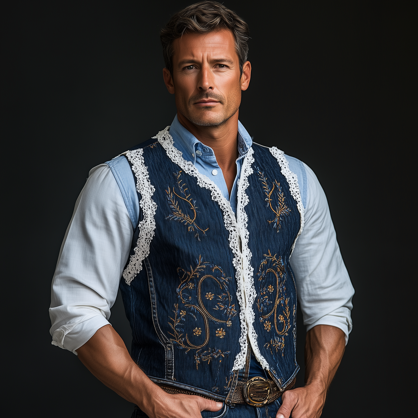 Mike | Men'S Summer Fashion Embroidered Lace Decorated Washed Denim Vest
