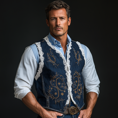 Mike | Men'S Summer Fashion Embroidered Lace Decorated Washed Denim Vest