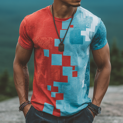 Dan | Men'S Retro Casual Contrast Color Geometric Print Round Neck Short Sleeve T-Shirt