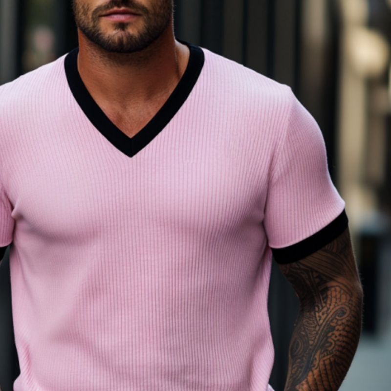 Henry | Men'S Skin-Friendly Ottoman Rib Colorblock Slim Fit V Neck Short Sleeve T-Shirt