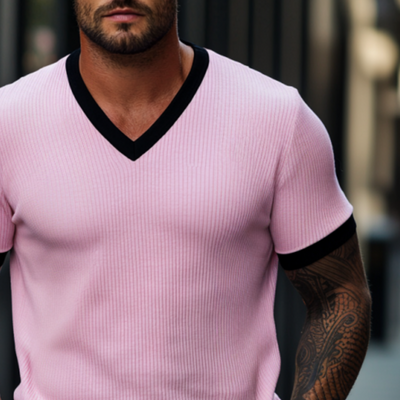 Henry | Men'S Skin-Friendly Ottoman Rib Colorblock Slim Fit V Neck Short Sleeve T-Shirt