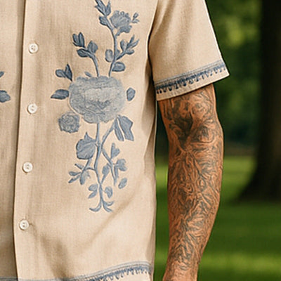 Scott | Men'S Summer Casual Linen Embroidered Short Sleeve Shirt