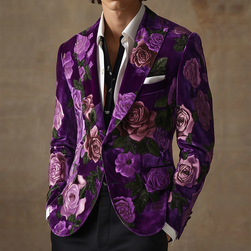John | Men'S Vintage Velvet Large Flower Print Casual Single Breasted Blazer