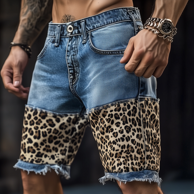 Dennis | Men'S Casual Outdoor Washed Raw Edge Distressed Leopard Patchwork Slim Fit Denim Shorts