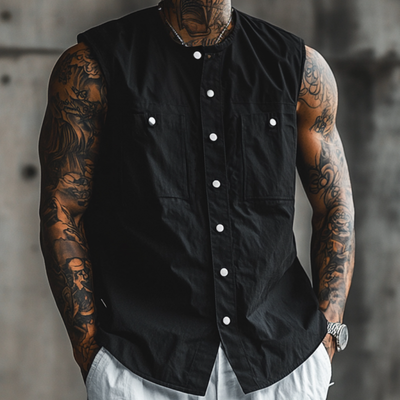 Enrique | Men'S Casual Breathable Cotton Round Neck Iron Single Breasted Loose Sleeveless Shirt