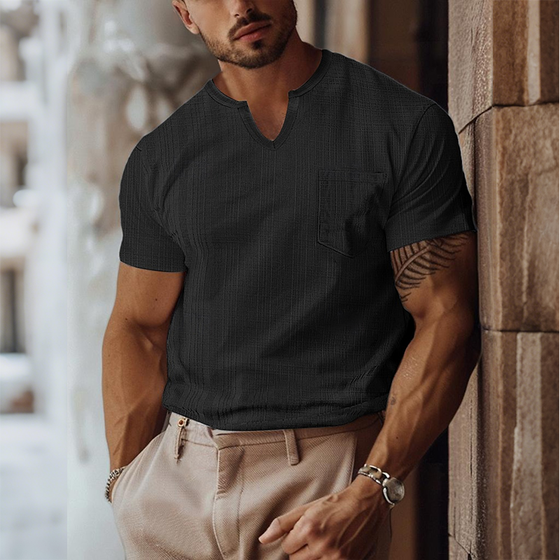Ian | Men'S Retro Casual Solid Color Pocket Small V-Neck Short Sleeve T-Shirt