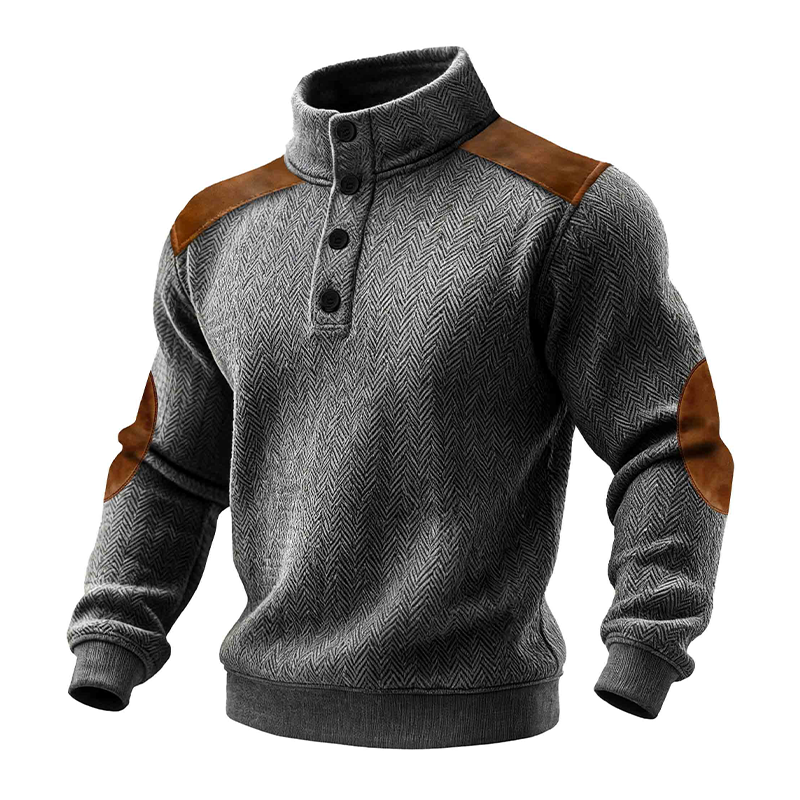 Bader® | Men's Vintage Herringbone Paneled Faux Suede Stand Collar Pullover Sweatshirt MTA0996J1X