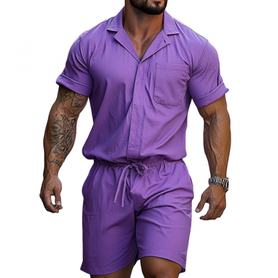 Colin | Men'S Casual Breathable Cotton Lapel Patch Pocket Slim Fit Short Sleeve Shorts Jumpsuit