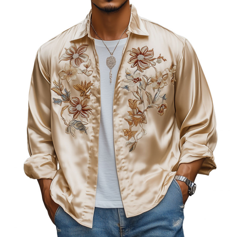 Harrison | Men'S Vintage Elegant Flower Embroidery Satin Lapel Stand Collar Loose Long Sleeve Shirt