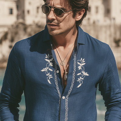 Zachary | Men'S Spring And Summer Retro Exquisite Embroidered Tencel Cotton Long-Sleeved Shirt