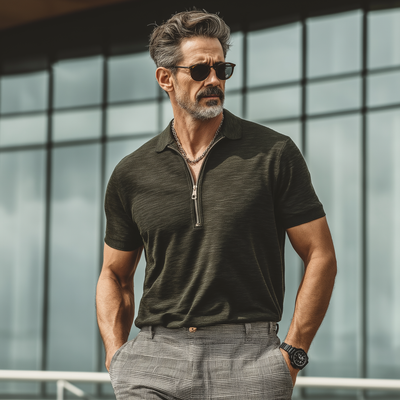 Jim | Men'S Summer Fashion Cotton Blend Zipper Collar Short Sleeve Polo Shirt