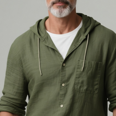 Albert | Men'S Solid Cotton And Linen Hooded Long Sleeve Shirt