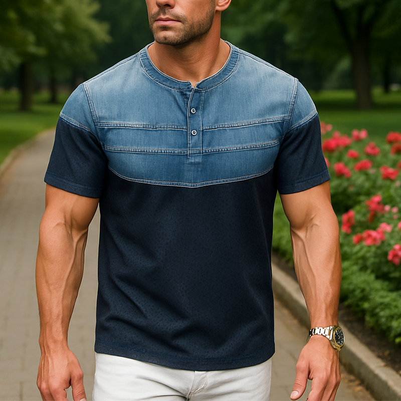Richard | Men'S Summer Fashion Denim Sports Fabric Patchwork Short Sleeve Henley Shirt