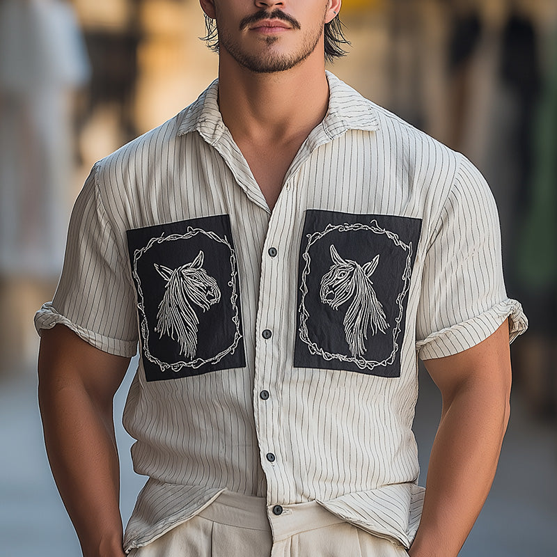 Marshall | Men'S Summer Fashion Plaid Embroidery Patchwork Short Sleeve Shirt