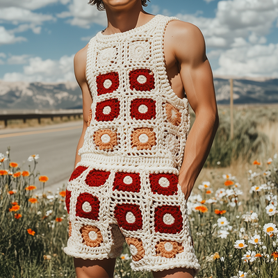 Lewis | Men'S Summer Fashion Casual Hollow Crochet Flower Knitted Vest Elastic Waist Shorts Set