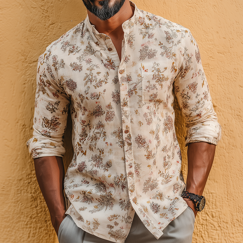 Ben | Men'S Retro Casual Floral Print Linen Stand Collar Long Sleeve Shirt