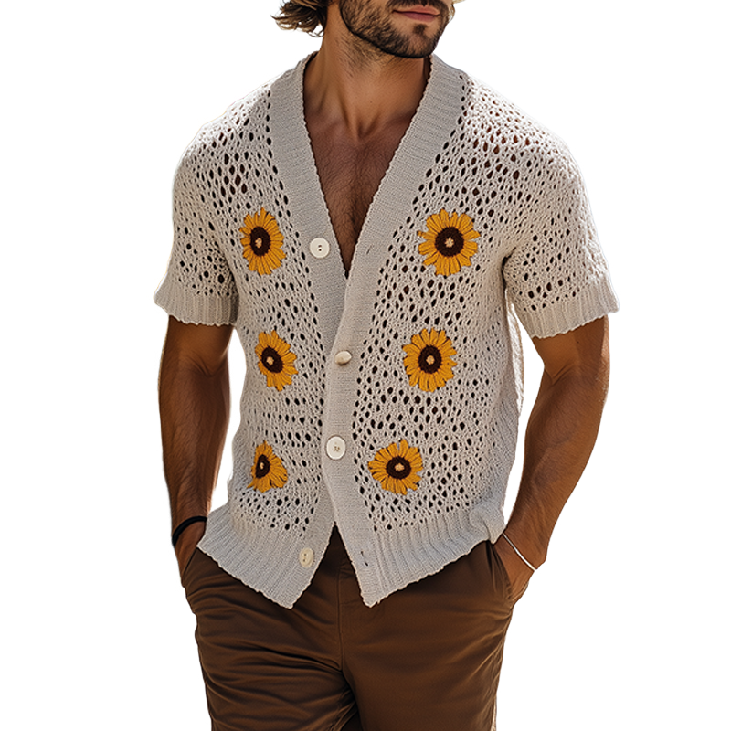 Kendall | Men'S Spring And Summer Fashion Casual Vacation Style Knitted Hollow Flower Short-Sleeved Shirt