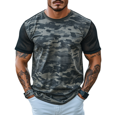 Stacy | Men'S Spring And Summer Casual Round Neck Camouflage Cotton Blended Splicing Mesh Short-Sleeved T-Shirt