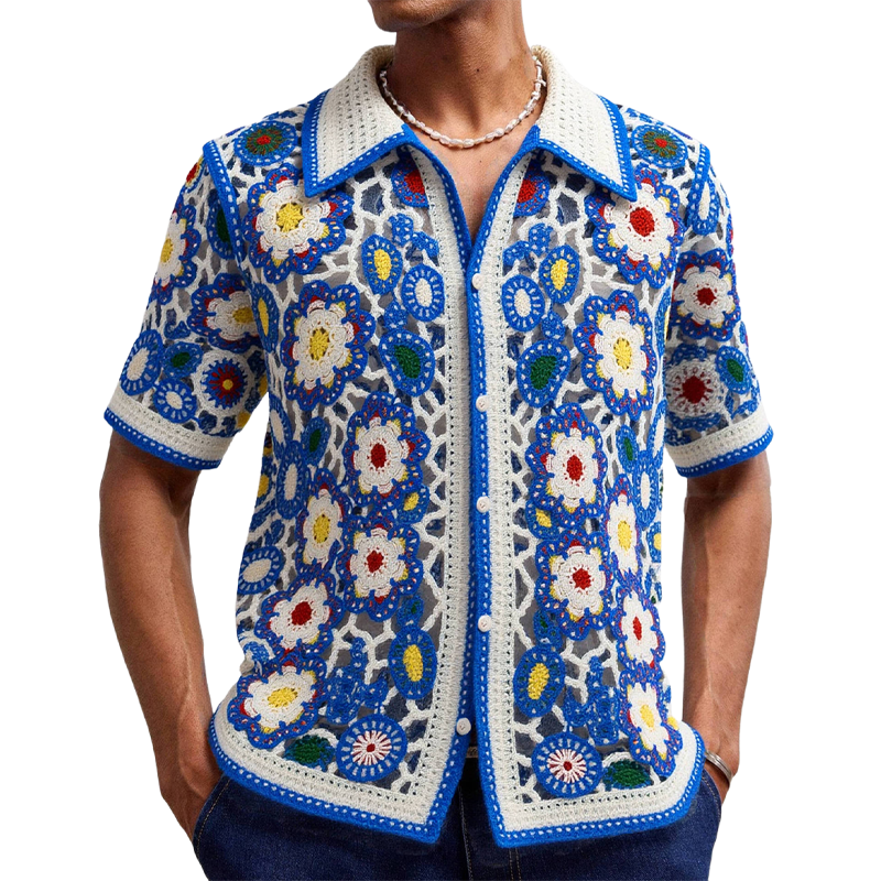 Men's Resort Floral Jacqard Short Sleevenit Shirt