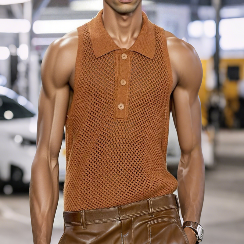 Raul | Men'S Solid Hollow Out Knit Lapel Sleeveless Tank Top