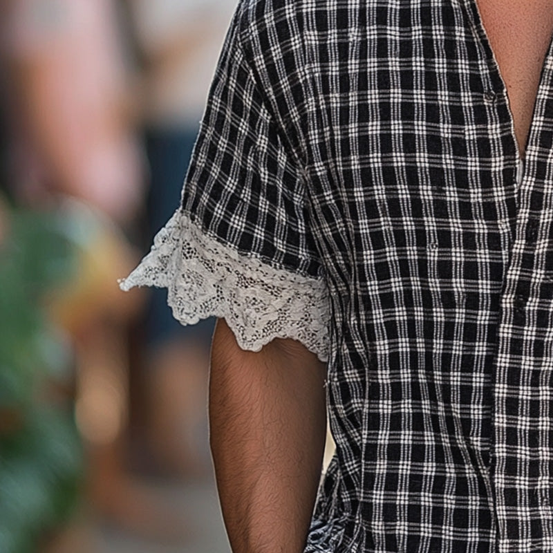 Luther | Men'S Summer Fashion Lace Patchwork Plaid Short Sleeve Shirt
