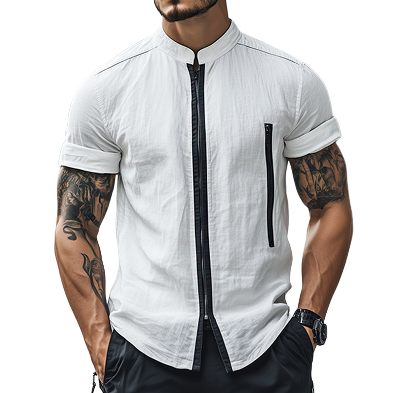 Jeffrey | Men'S Retro Casual Linen Zipper Stand Collar Short Sleeve Shirt