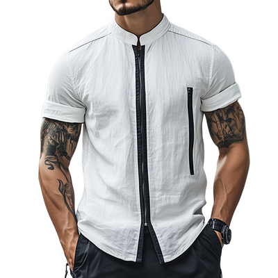 Jeffrey | Men'S Retro Casual Linen Zipper Stand Collar Short Sleeve Shirt