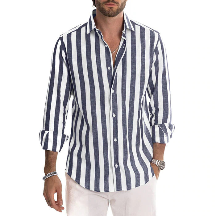 Malcolm® | Striped Cotton And Linen Shirt Buttons Long Sleeve