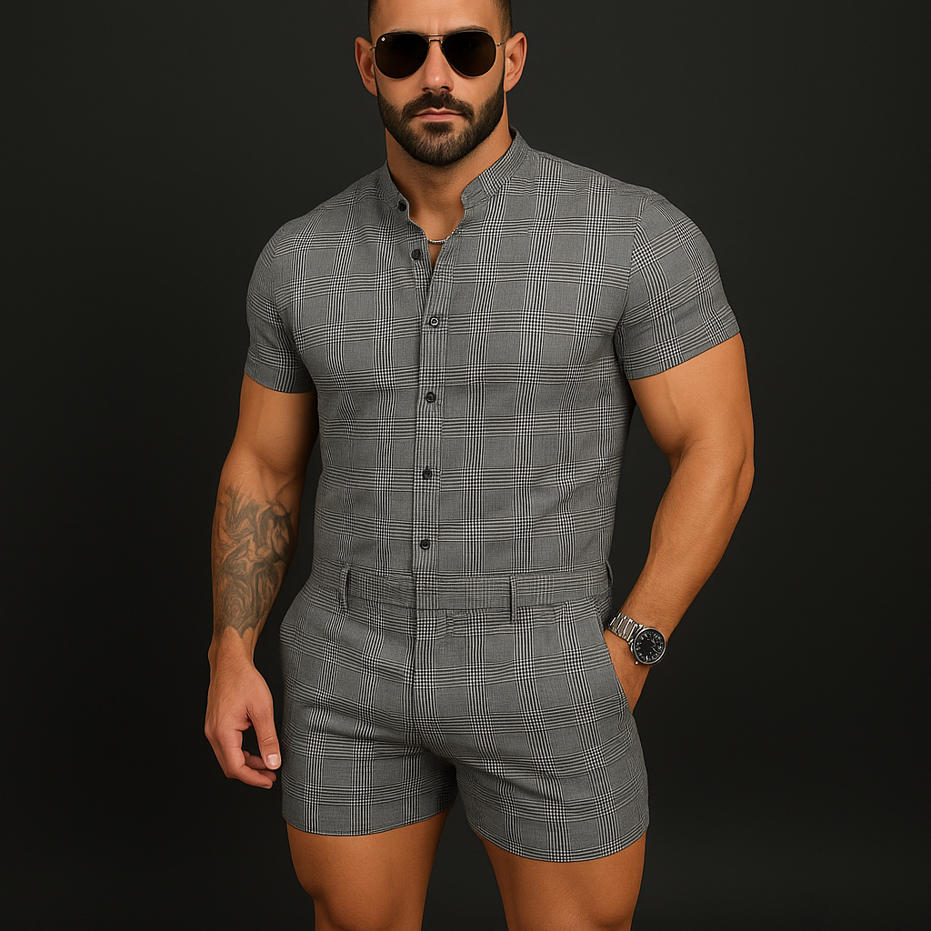 Clint | Men'S Summer Fashion Plaid Cotton And Linen Short Sleeve Shorts Jumpsuit