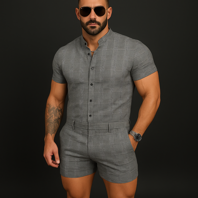 Clint | Men'S Summer Fashion Plaid Cotton And Linen Short Sleeve Shorts Jumpsuit