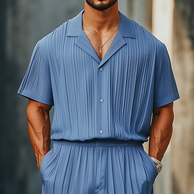 Javier | Men'S Spring And Summer Fashion Casual Cool Pleated Fabric Short-Sleeved Shirt Length To Knee Shorts Set