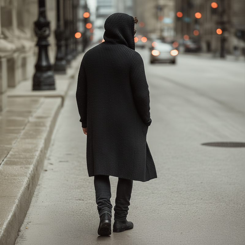 Men's Atmn And Winter Fashion Solid Color Cotnarnnitted Long Hooded Cardigan