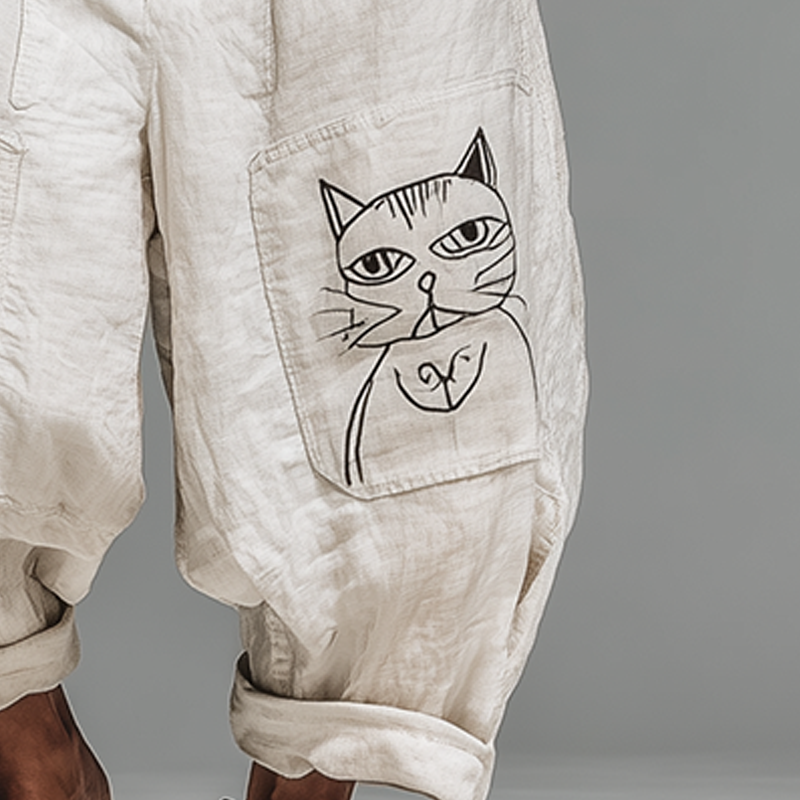 Neil | Men'S Summer Fashion Cat Print Cotton And Linen Bloomers
