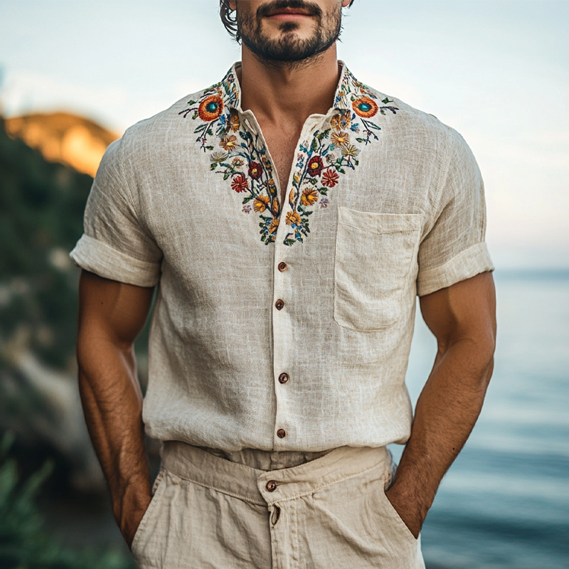 Harold | Men'S Retro Stand Collar Embroidered Cotton And Linen Short Sleeve Shirt