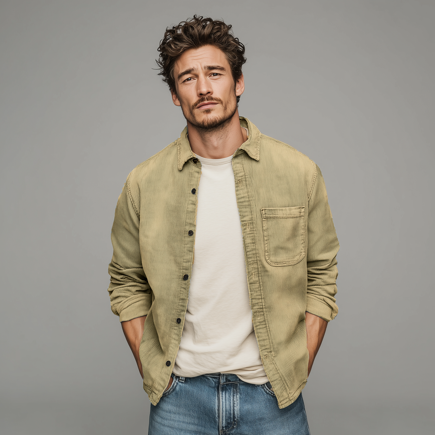 Colin | Men'S Retro Casual Corduroy Washed Lightly Bleached Distressed Long-Sleeved Shirt