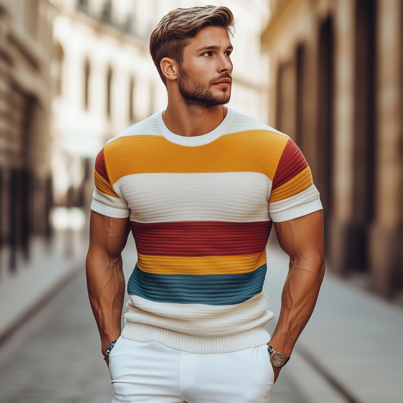 Monty | Men'S Casual Colorful Striped Knitted Round Neck Slim Fit Short Sleeve Sweater T-Shirt