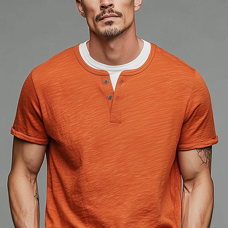 Benito | Men'S Spring And Summer Fashion Casual Cotton Blended Henry Collar Fake Two-Piece Short Sleeve T-Shirt