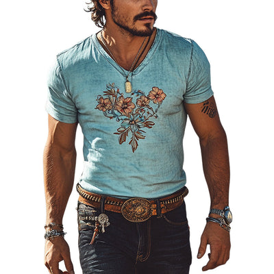 Richard | Men'S Western Cowboy Floral Print Short Sleeve V-Neck T-Shirt