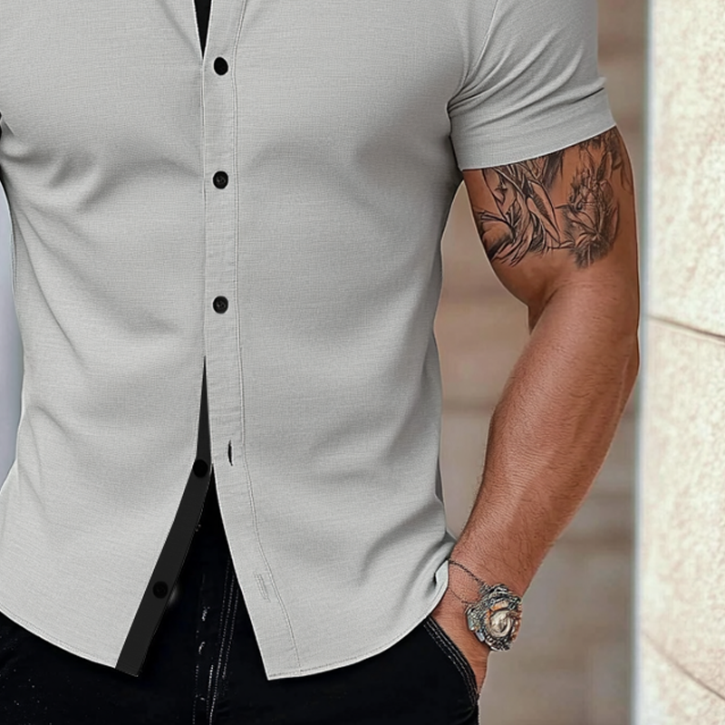 Tony | Men'S Stand Collar Cotton Blend Short Sleeve Shirt