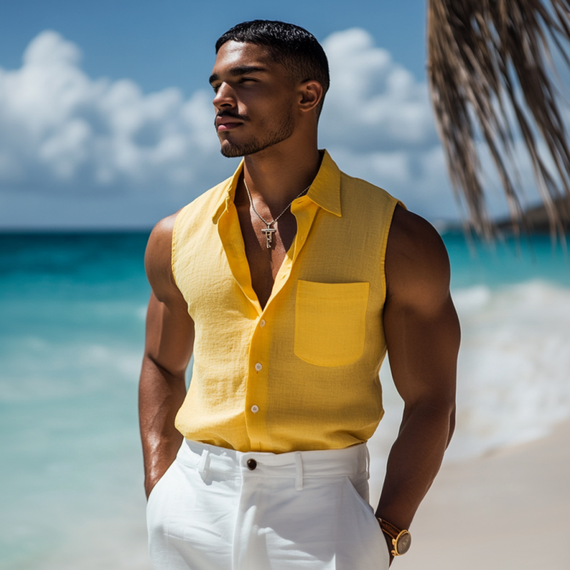 Gordon | Men'S Casual Solid Color Breathable Linen Lapel Patch Pocket Sleeveless Shirt