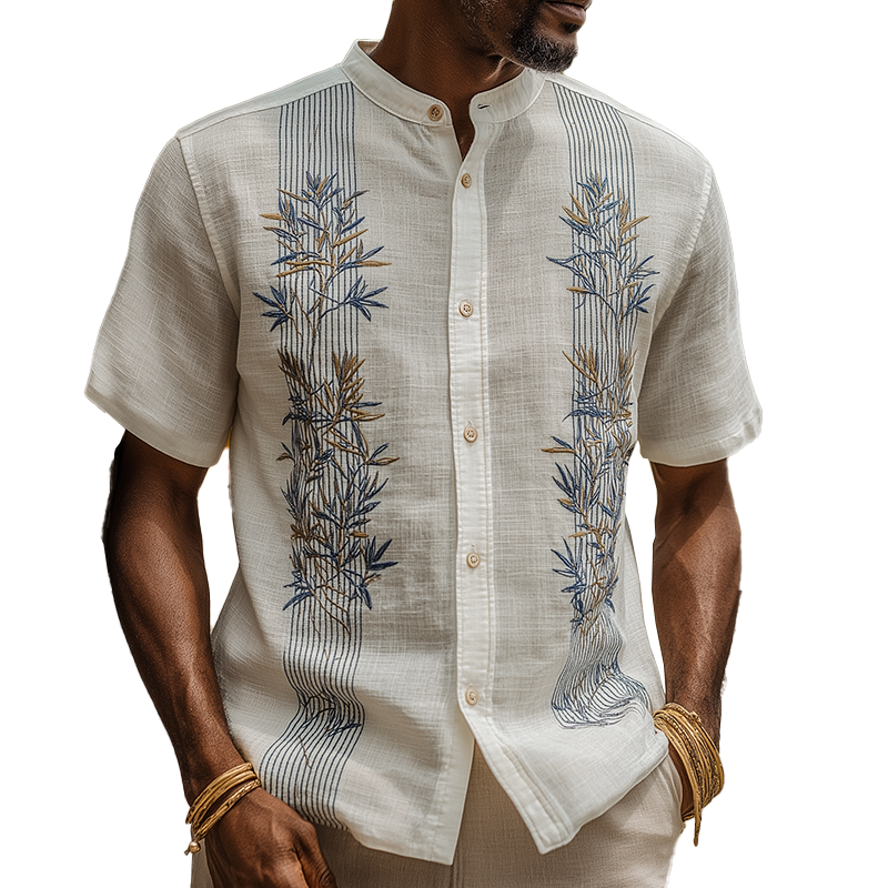 Wayne | Men'S Summer Fashion Leaf Embroidery Slub Linen Henley Collar Short Sleeve Shirt