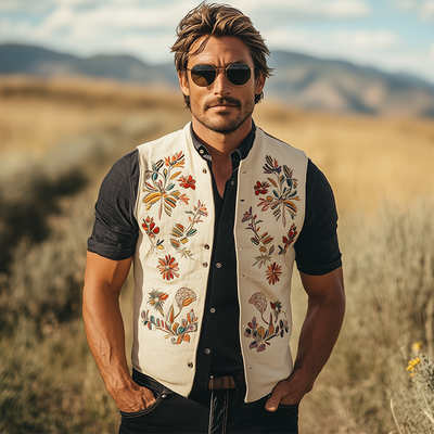 Leonard | Men'S Summer Fashion Embroidered Cotton Blended Vest (With Lining)