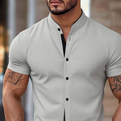 Tony | Men'S Stand Collar Cotton Blend Short Sleeve Shirt