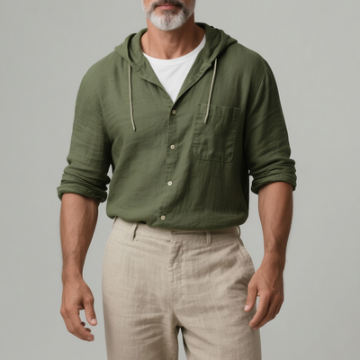 Albert | Men'S Solid Cotton And Linen Hooded Long Sleeve Shirt