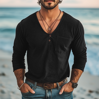 Marcelo | Men'S Basic Deep V Neck Cotton Solid Color Long Sleeve T-Shirt