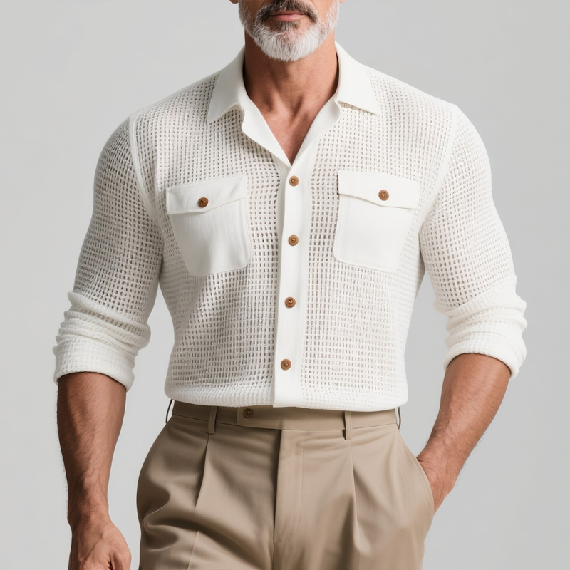 Quintin | Men'S Solid Hollow Out Fabric Lapel Long Sleeve Shirt