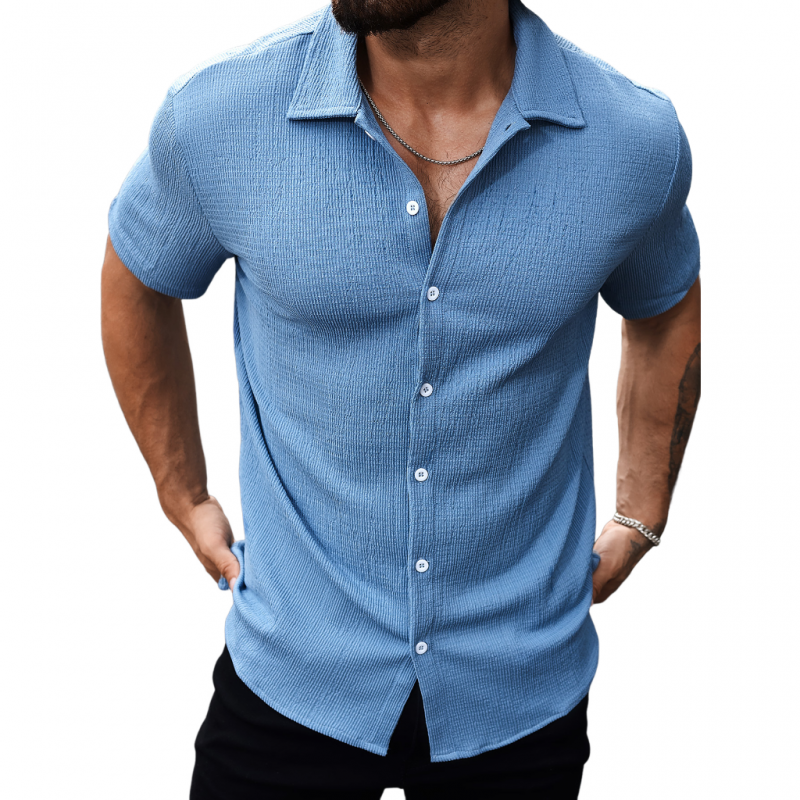 Fernando | Men'S Casual Cotton Blend Pleated Texture Lapel Slim Fit Short Sleeve Shirt