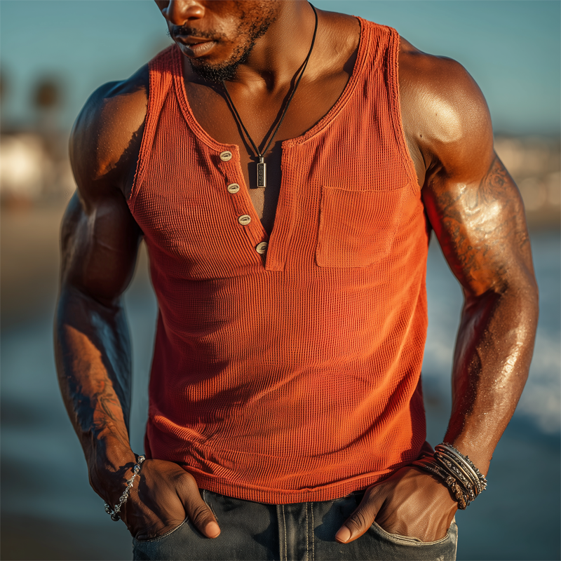 Orin | Men'S Summer Henley Neck Waffle Solid Tank Top